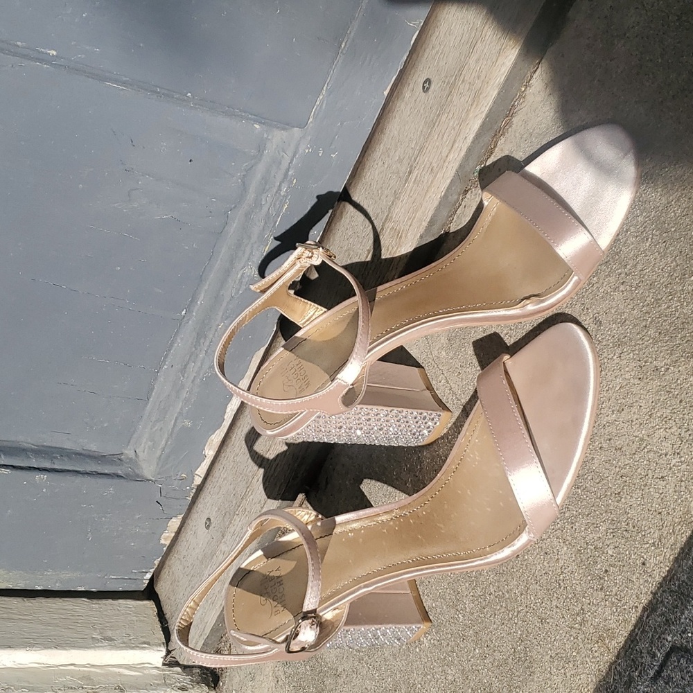 Badgley Mischka Blush Pink Satin & Crystal Block Heel Sandals